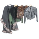 A collection of vintage coats To include a cape style coat, in a dark grey, with a fur trim,