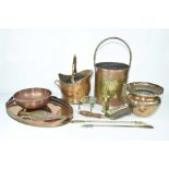 A collection of copper and brass ware To include two swing handled copper coal buckets, copper bowl,