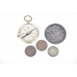 A Queen Victoria silver crown dated 1900 Further coinage, brass mounted compass.