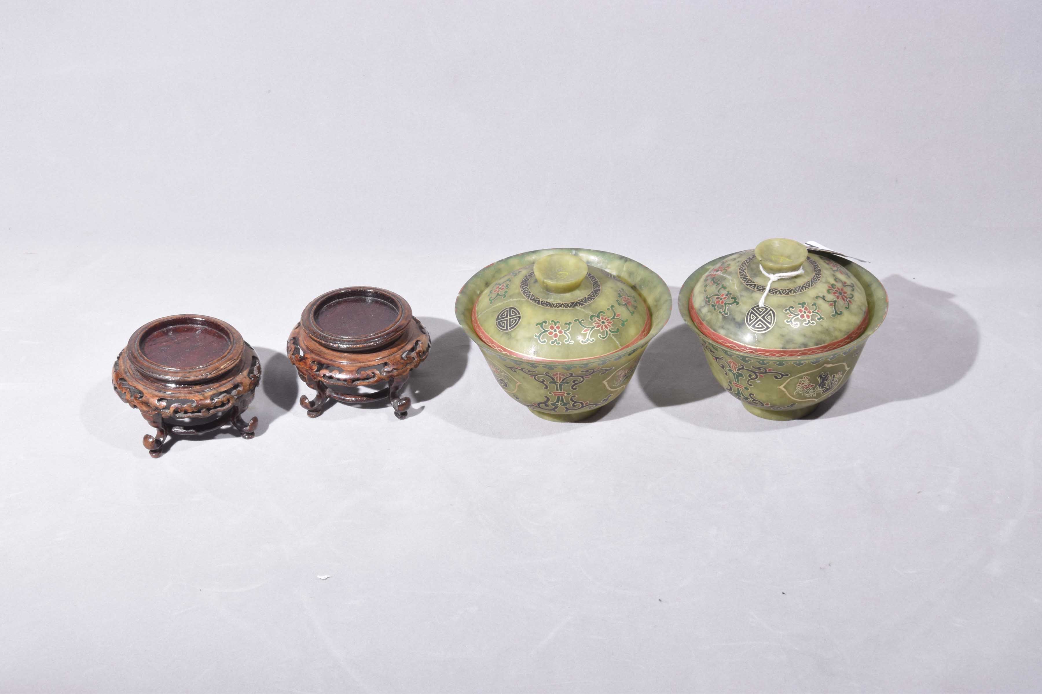 A pair of Chinese green hardstone bowls and covers, 20th Century Each of 'U' form, - Image 3 of 10