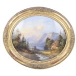 Italian School (19th/20th Century) 'Stream before mountains' An oval reverse painting on glass,