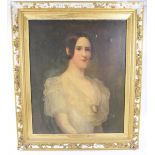 Portrait of Emma Grimke (nee Evans) circa 1850 Oil on canvas, lady wearing a white dress with cameo,