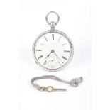 A silver open face pocket watch With a white enamel dial, Roman numerals and subsidiary second dial,