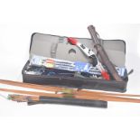 A collection of archery affects To include a Jaques bow, a cylindrical leather arrow holder,