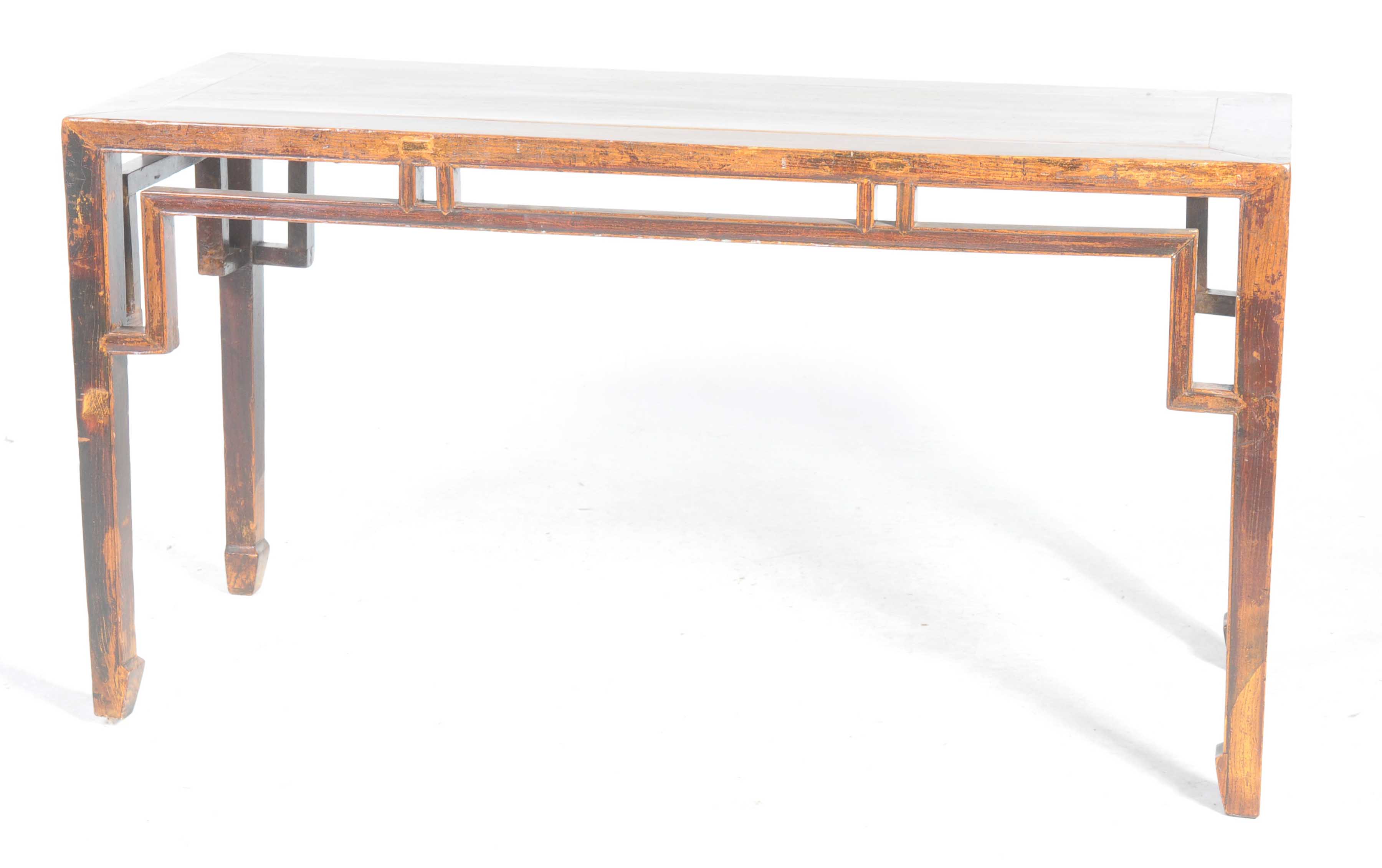 A Chinese Hunghuali style altar table The single plank top supported by slightly tapered yoke