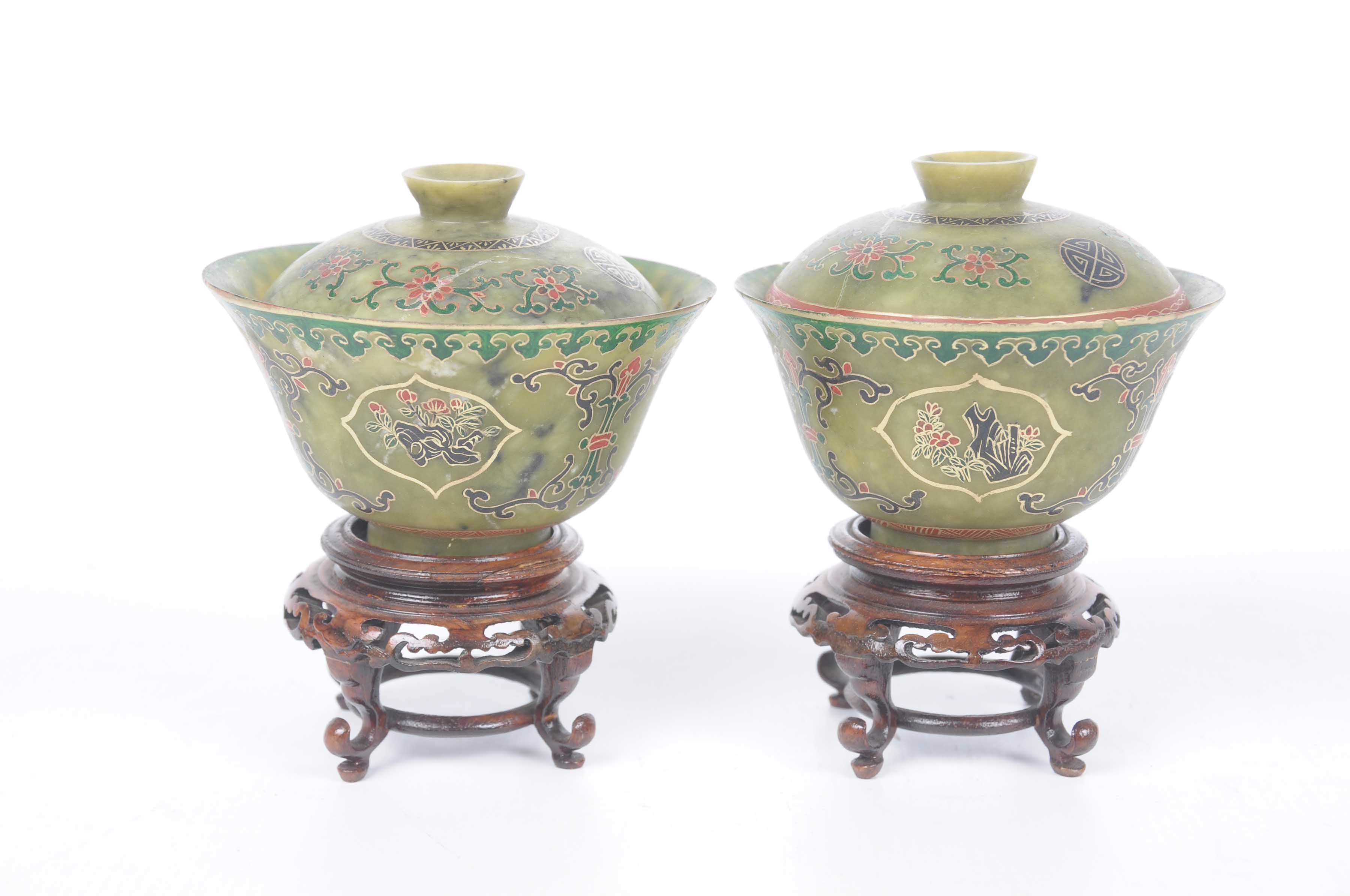 A pair of Chinese green hardstone bowls and covers, 20th Century Each of 'U' form,