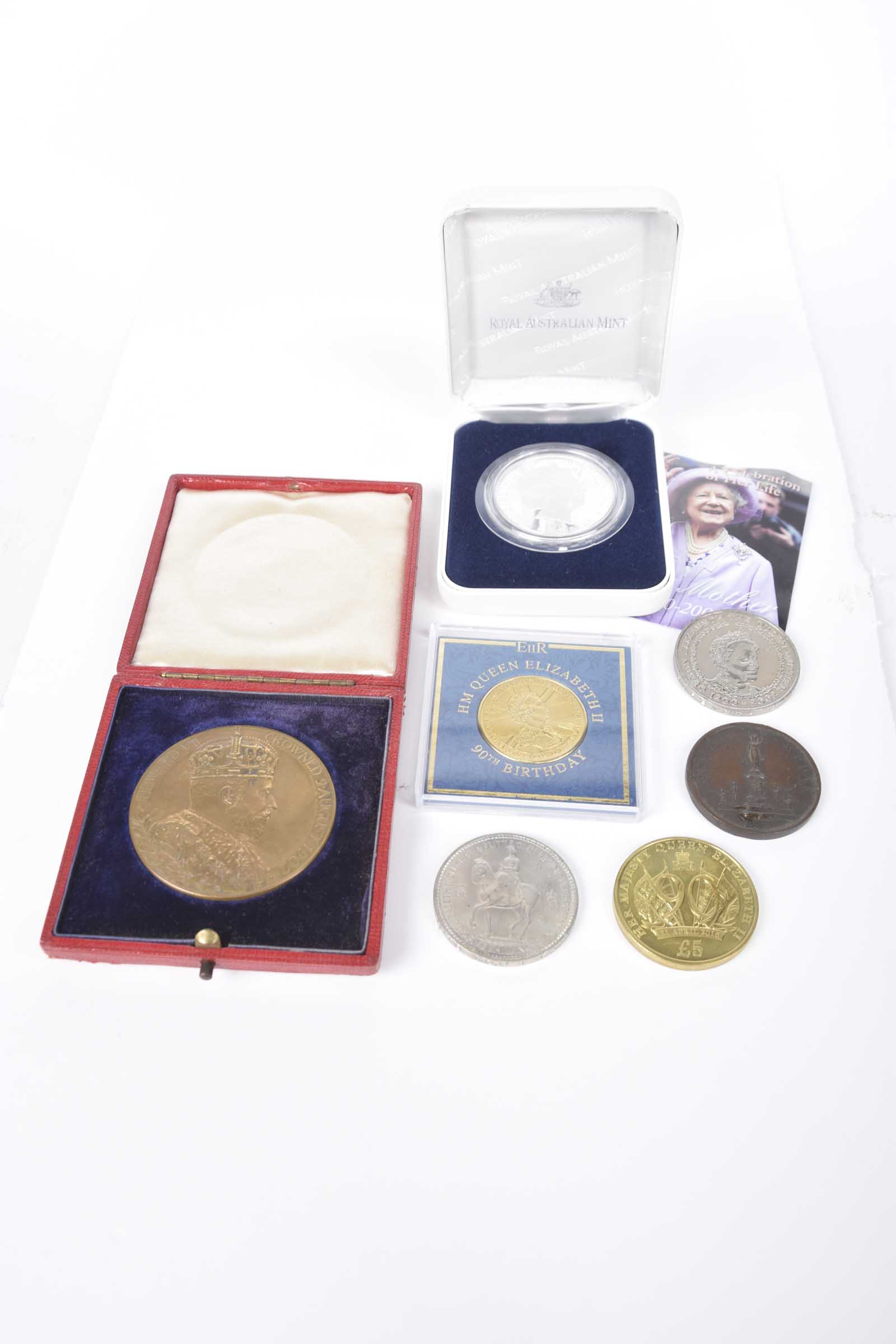 An Edward VII bronze Coronation medal and other commemorative coins Including a Queen Mother
