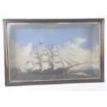 A painted wood sailing ship diorama,