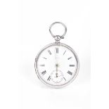 A silver open faced pocket watch With a white enamel dial and Roman numerals, London 1880.