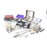 A collection of cased cutlery to a box To include cased fish knives and forks,