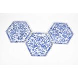 A collection of three Chinese blue and white jardiniere pot stands Each of hexagonal form,