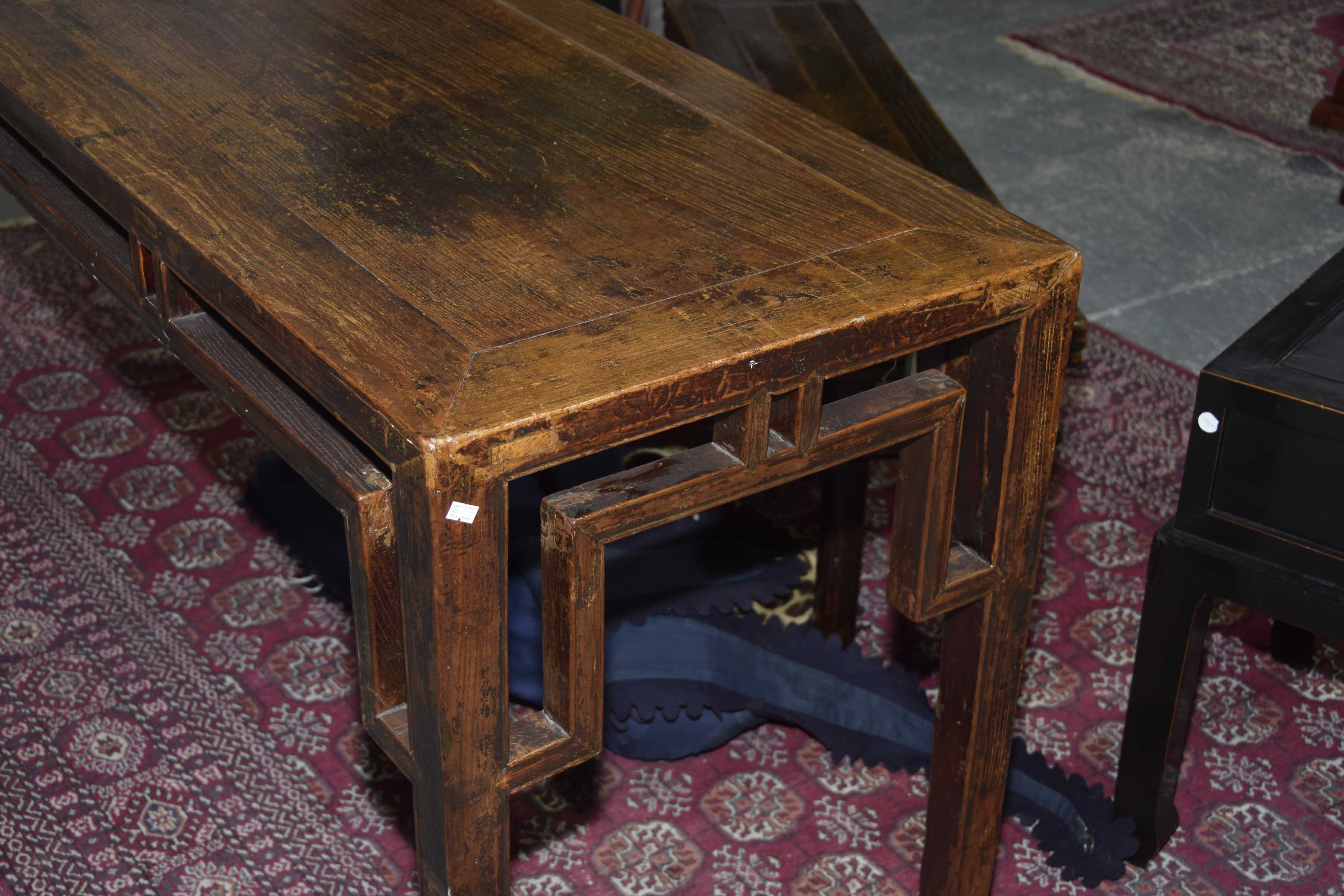 A Chinese Hunghuali style altar table The single plank top supported by slightly tapered yoke - Image 11 of 15