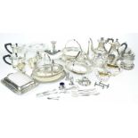A large collection of silver plated ware To include a three piece tea service, coffee jug,