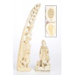 Two Japanese ivory carvings, late Meiji period The first a marine ivory carving depicting a farmer,