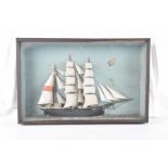 A wooden cased painted sailing ship diorama,