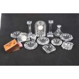 A mixed collection of glassware To include a Waterford crystal mantle clock,