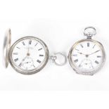 Two white metal pocket watches The first a full Hunter with a white enameled dial signed W.