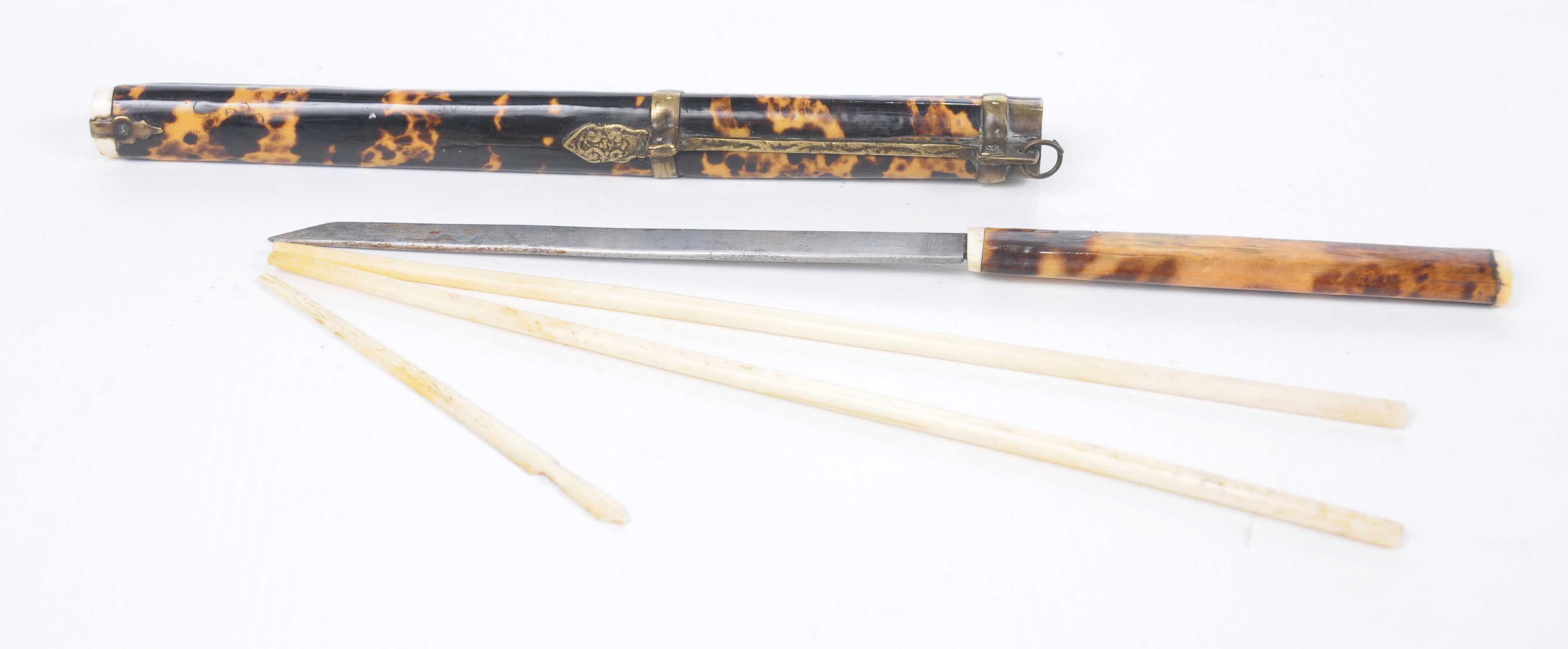 A Chinese and ivory and faux tortoiseshell travelling chopstick set circa 1900 The brass bound and