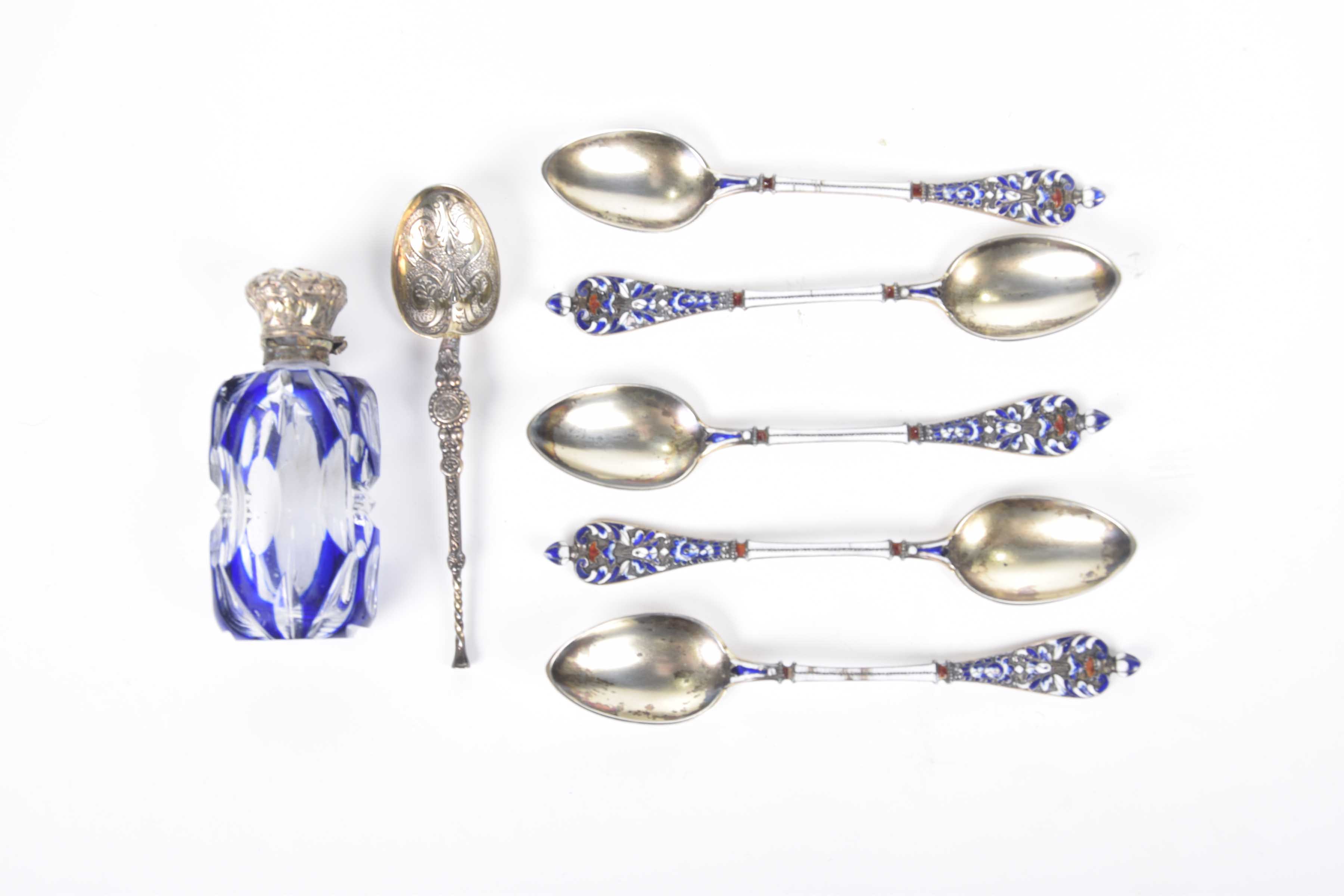 A set of five Marius Hammer silver and enamel Norwegian teaspoons, circa 1910 Each of typical form,