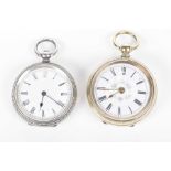A white metal and a gold plated ladies fob watch The white metal example with chased decoration and