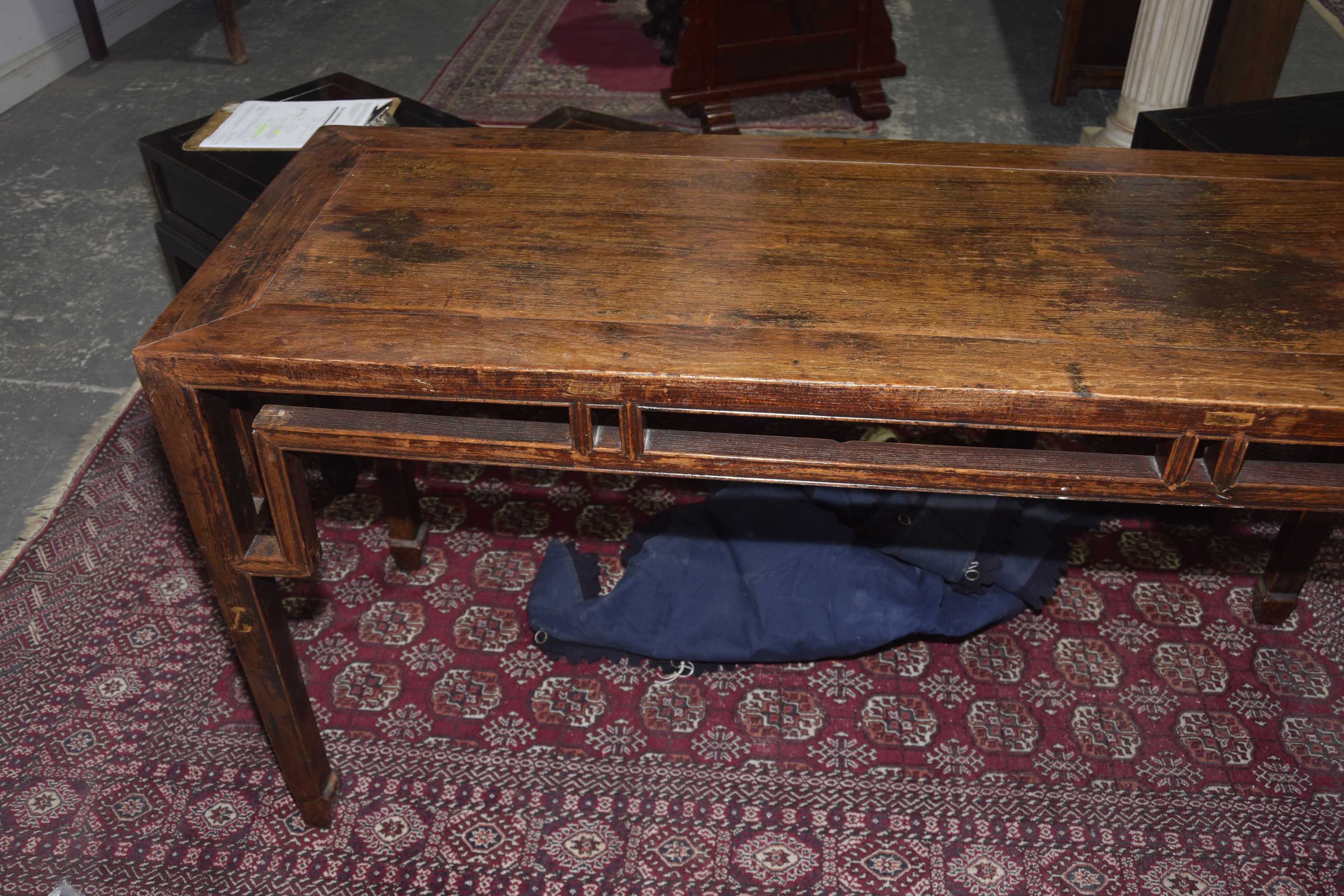 A Chinese Hunghuali style altar table The single plank top supported by slightly tapered yoke - Image 10 of 15