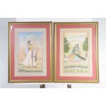 A pair of Indian Mughal style paintings Painted with dancing female figure and figure feeding