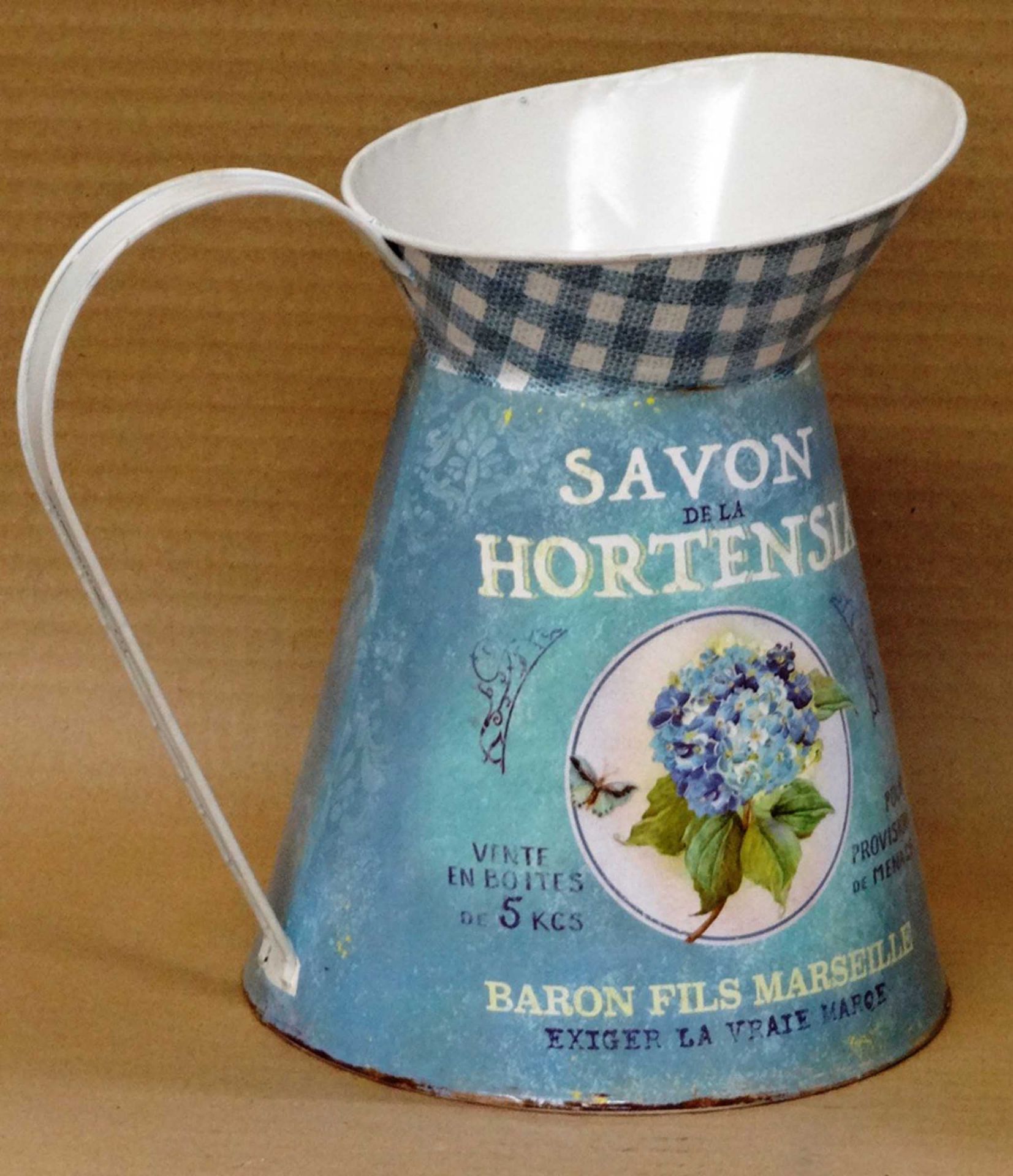 A group of Deco style metal jugs, to include five 'Lavender' and four 'Savon', various sizes.