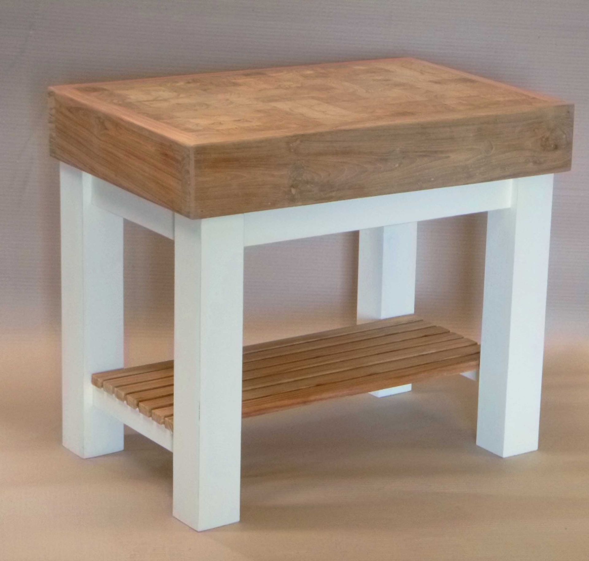 A butchers block with reclaimed teak top, 79x91x61cm.