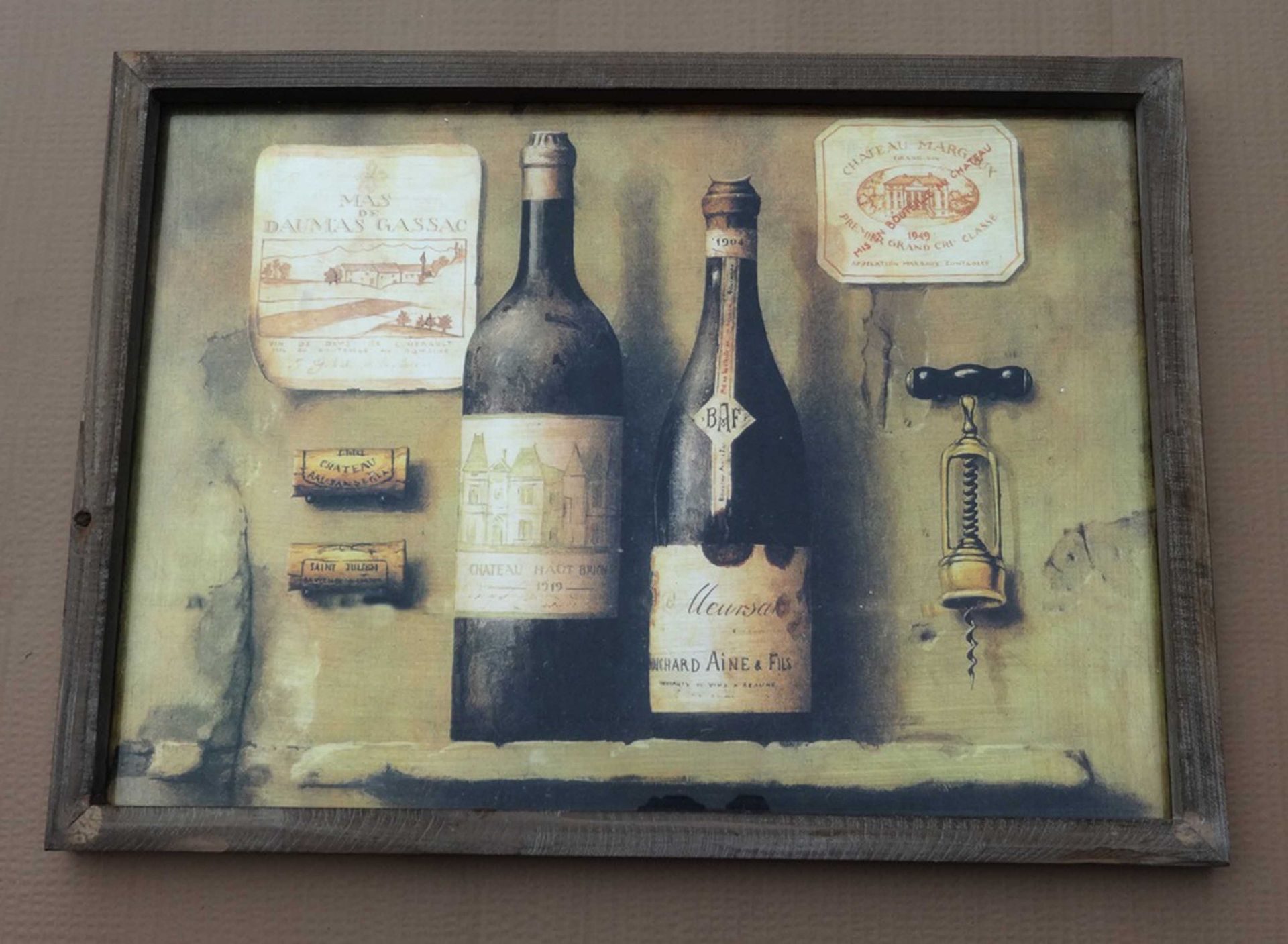 Winemakers wall art/picture, 55x75x4cm. (6) Set of two wooden hat boxes, 18x27x27cm.