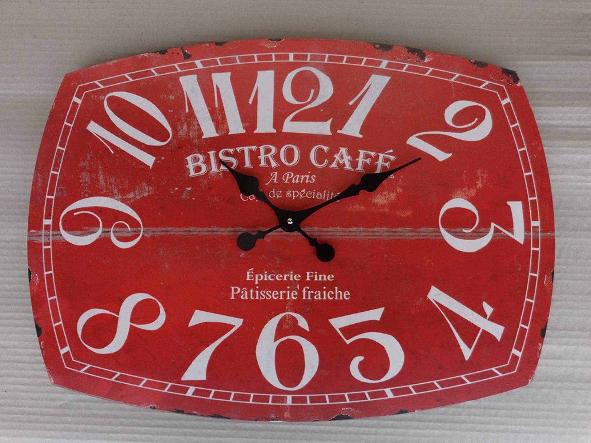 Two red wooden 'Bistro Cafe' wall clocks, 49x66x5cm.