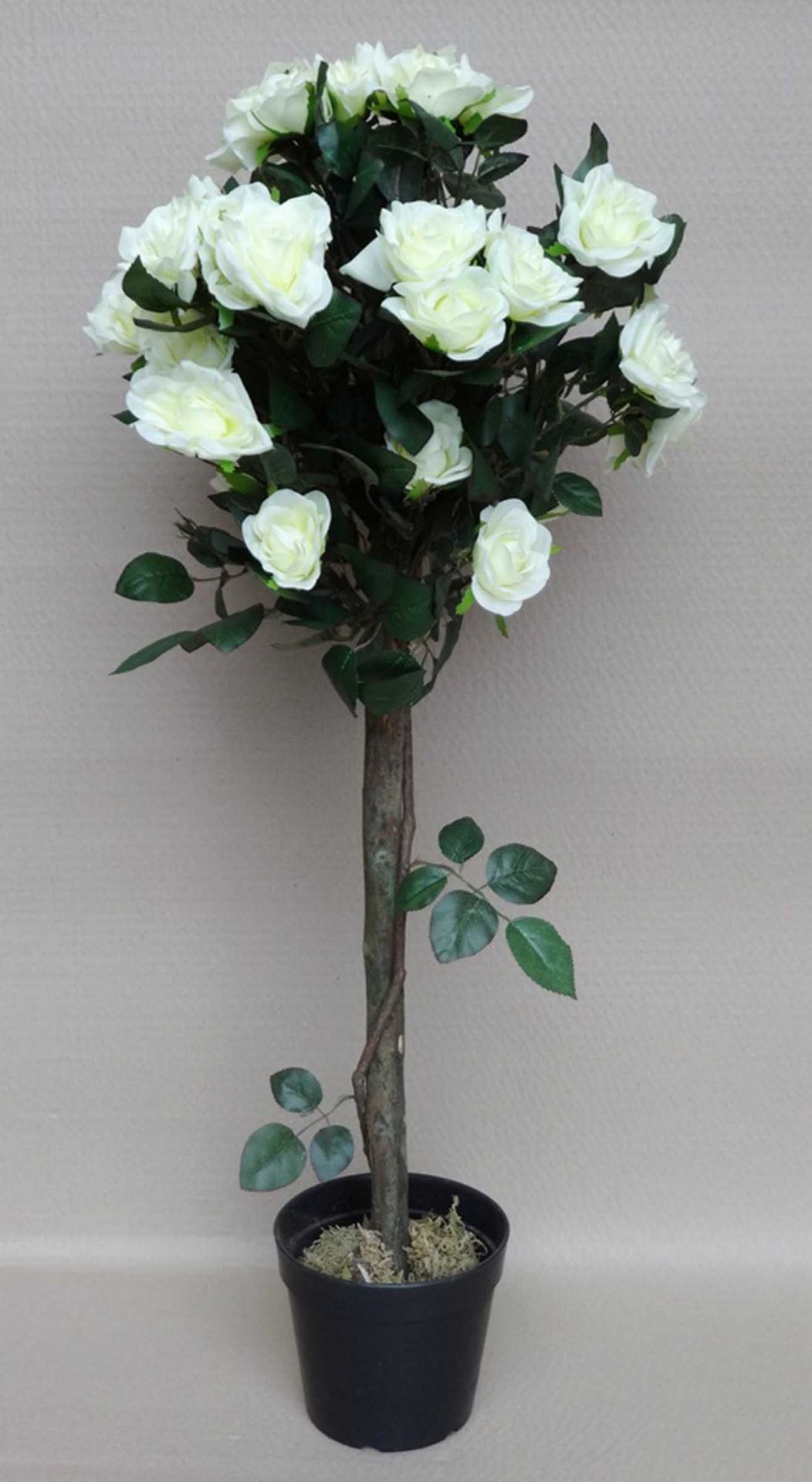 A pair of artificial potted cream rose trees, 94x35x35cm.