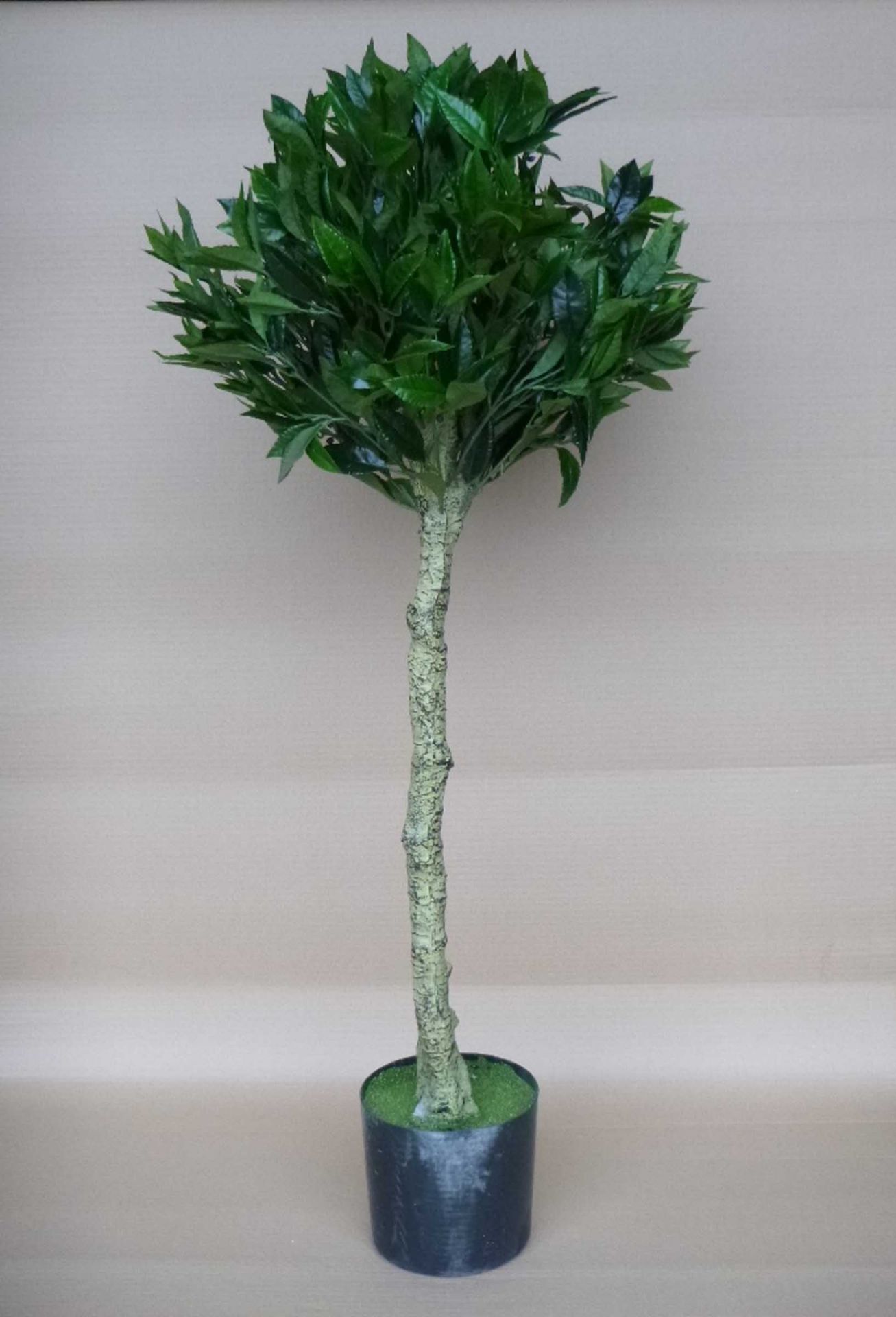 Two artificial potted bay topiary, three foot trees.