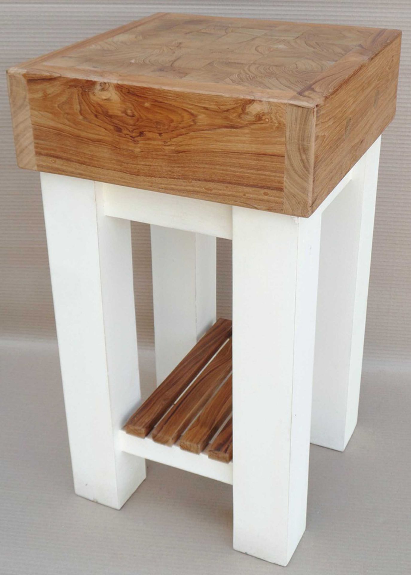 A butchers block with reclaimed teak top, 79x46x46cm.