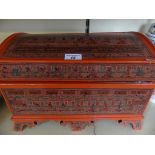 A modern Oriental table top chest containing various items to include modern cloisonne covered bowl,