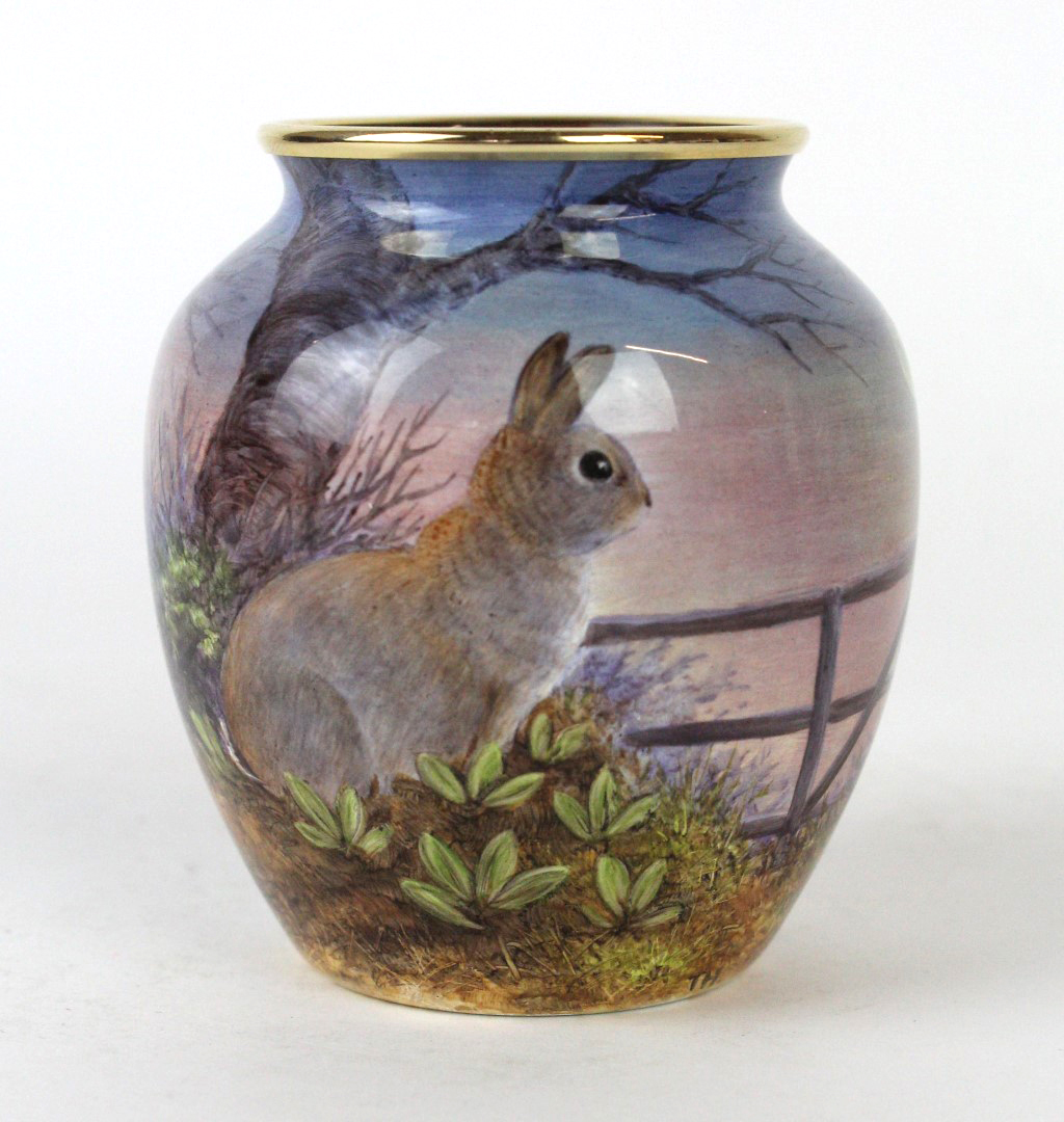A Moorcroft enamel limited edition vase of bulbous form Decorated in the Rabbits pattern,