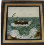 A Cobridge Stoneware wall plaque Decorated with a boat in stormy seas with sea gulls,