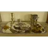 A mixed lot of metalwares comprising large silver-plated serving tray, silver-plated chamberstick,