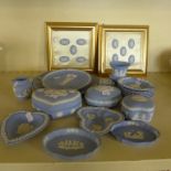 A collection of 20th Century Wedgwood blue Jasperware to include a small framed plaques, dishes,