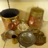 A mixed lot various metalware to include a copper and brass coal bucket,