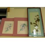 A mixed lot comprising a 20th Century Japanese framed diorama of two cranes and two further framed