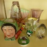 A mixed lot comprising glass paperweights, Whitefriars style vase, Art Deco standard china trio,