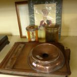 A mixed lot comprising a vintage leather bound ledger, a copper spittoon, a vintage spirit level,