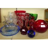 A collection of various glassware to include Bohemian star cut vase, small cranberry jug,