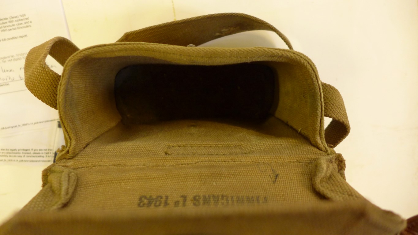 A cased pair of WWII military issue binoculars Kershaw binoculars in a canvas case by Finnigans Ltd - Image 2 of 3
