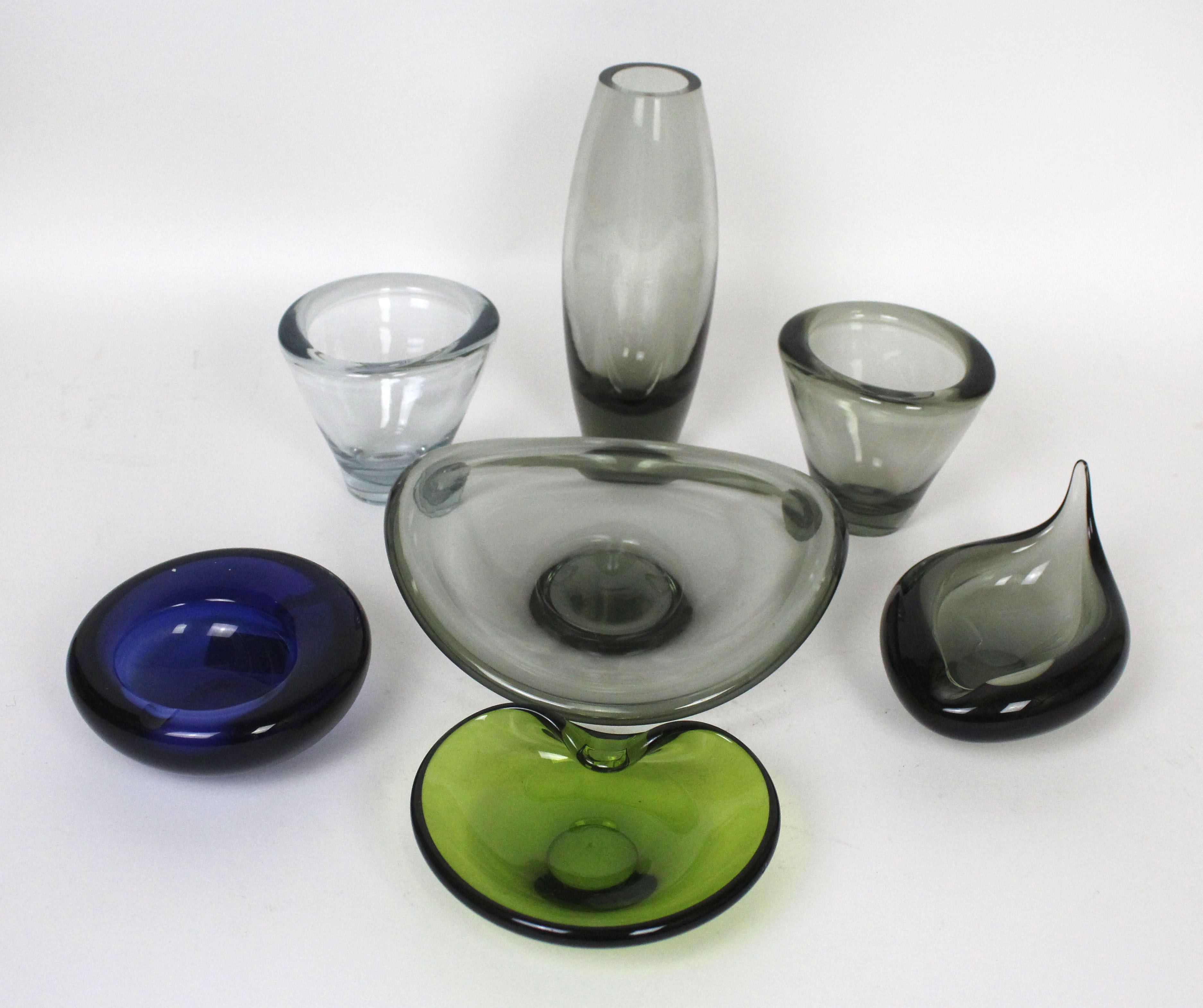 Per Lutken (1916-1998) for Holmegaard seven pieces of studio glassware To include smoky vase of