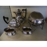 A mixed lot comprising a four piece silver-plated tea set together with a silver-plated roll top