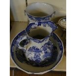 A Masons blue and white Ironstone wash jug and bowl together with accompanying slop pale (3)