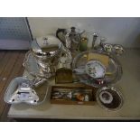 A mixed lot of silver-plated wares to include serving dishes, tray, ice bucket, cutlery, salts,