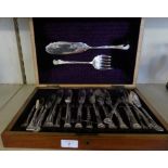 A cased canteen of silver-plated fish cutlery and accompanying servers