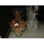 A mixed lot comprising a retro glass lemonade set, together with a cut glass decanter and a